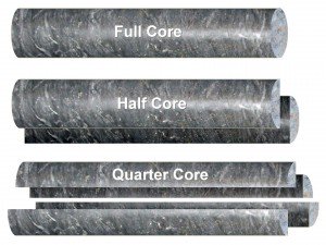 Different saw cuts when sampling drill-core include full core, half core and quarter core